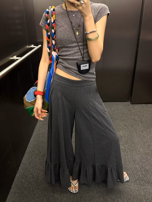 荷葉邊休閒褲女春夏新款垂墜感寬鬆闊腿褲