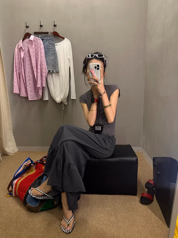 荷葉邊休閒褲女春夏新款垂墜感寬鬆闊腿褲