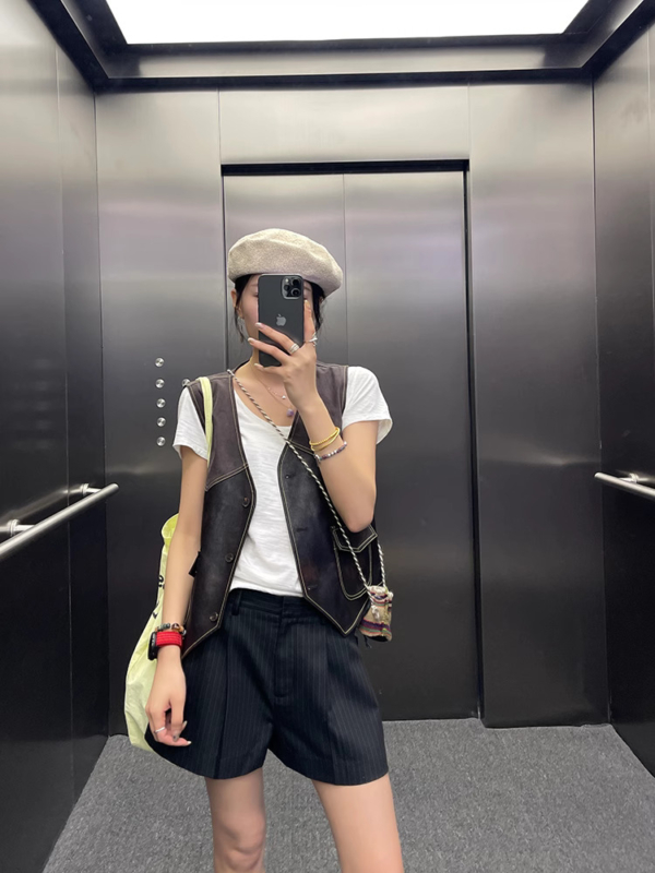 條紋西裝短褲女夏季新款氣質低腰寬鬆闊腿休閒褲