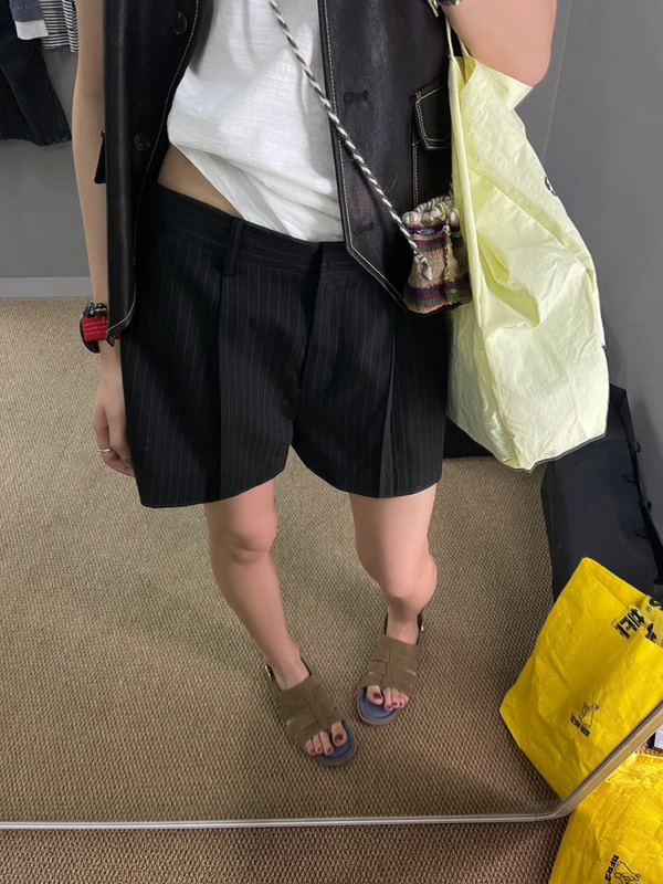 條紋西裝短褲女夏季新款氣質低腰寬鬆闊腿休閒褲