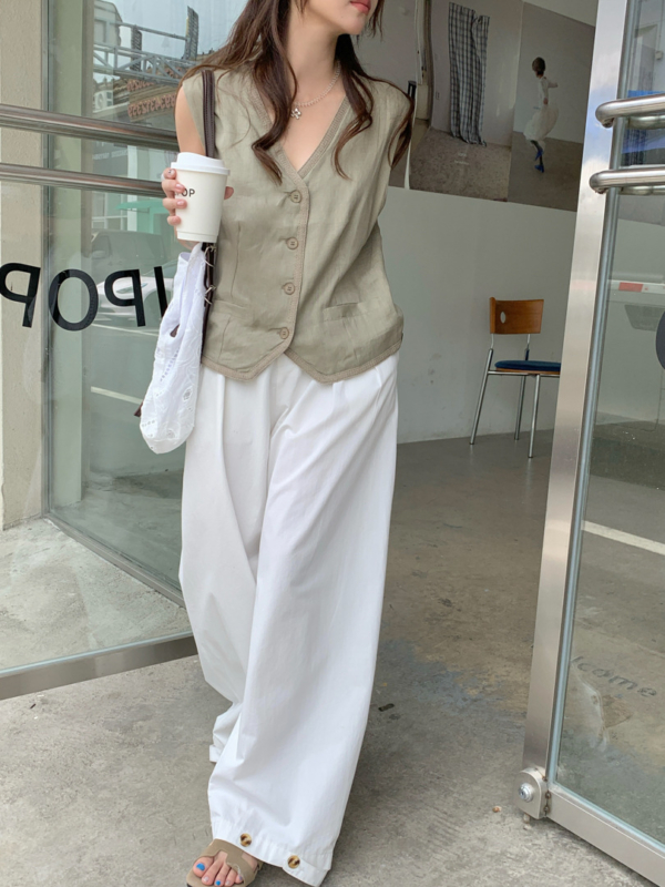 亞麻蕾絲設計感V領馬甲背心弛感