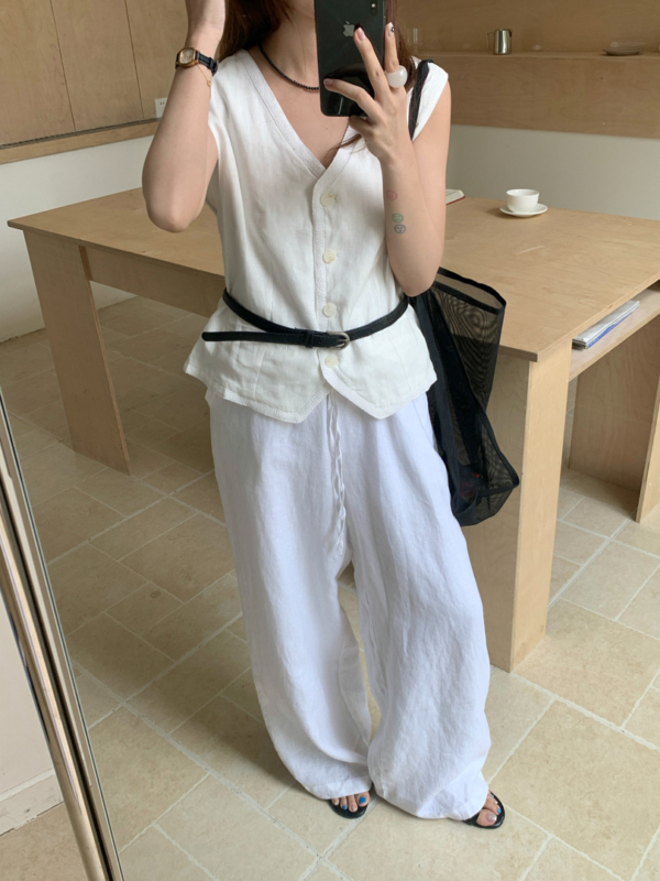 亞麻蕾絲設計感V領馬甲背心弛感