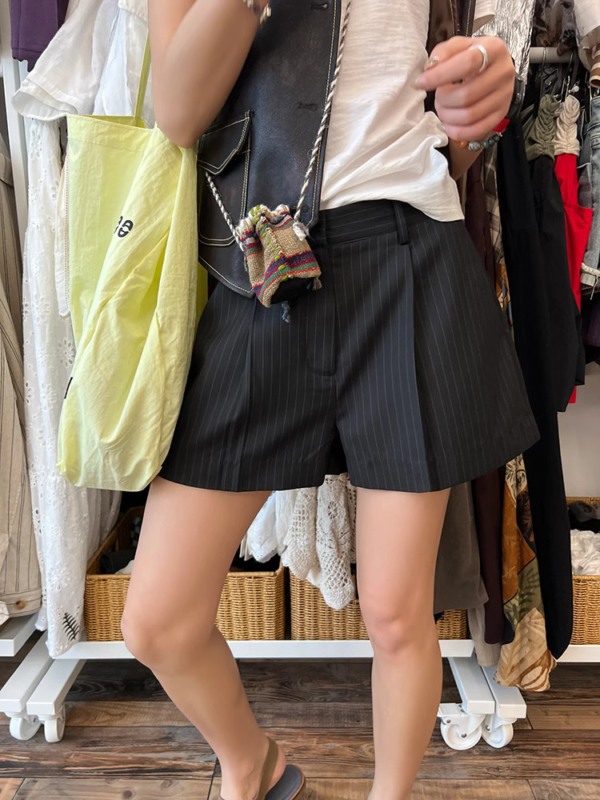 條紋西裝短褲女夏季新款氣質低腰寬鬆闊腿休閒褲