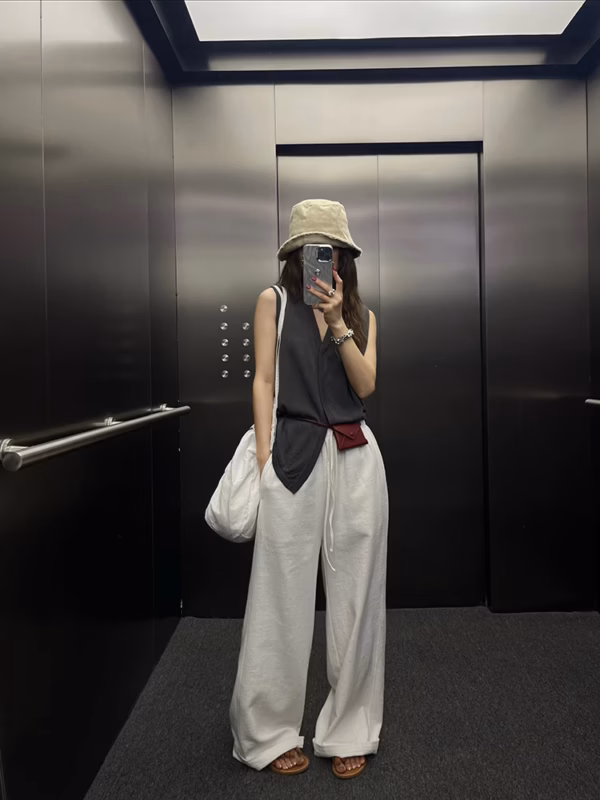 顯瘦直筒鬆緊腰亞麻褲