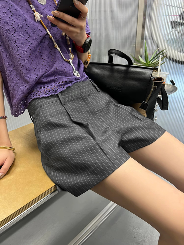 條紋西裝短褲女夏季新款氣質低腰寬鬆闊腿休閒褲