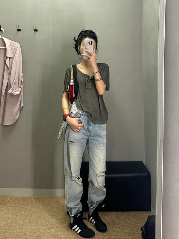 顯瘦寬鬆正肩上衣體卹
