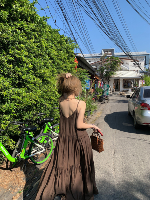 無袖吊帶洋裝純色顯瘦垂感度假