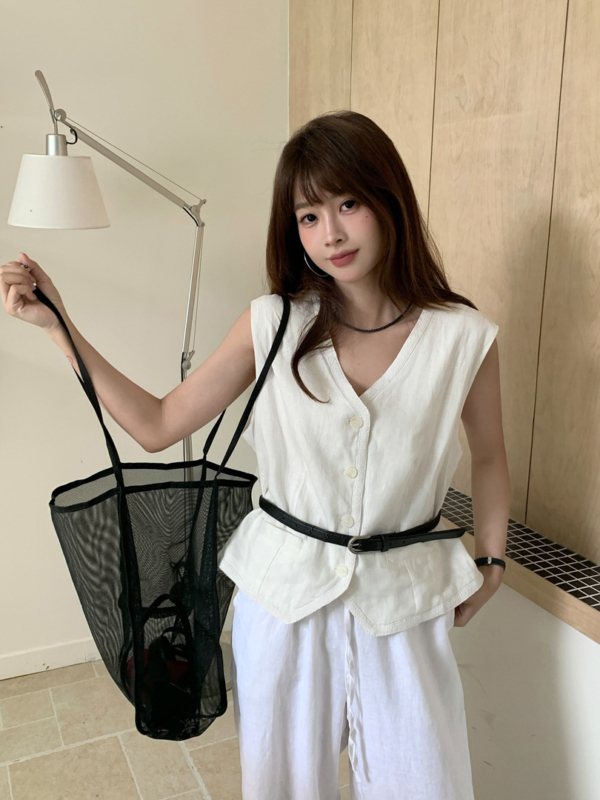 亞麻蕾絲設計感V領馬甲背心弛感