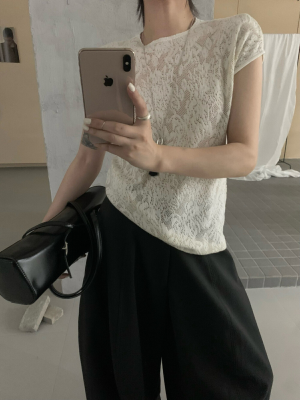 圓領蕾絲簡約套頭純欲風花紋精緻刺繡小衫