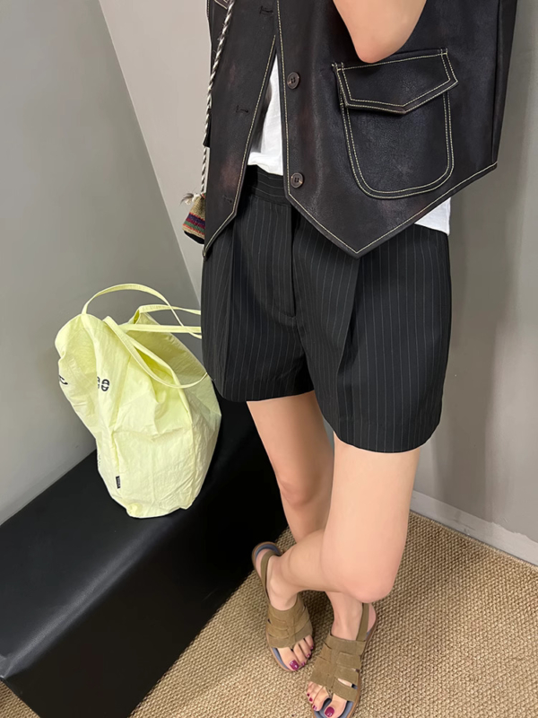 條紋西裝短褲女夏季新款氣質低腰寬鬆闊腿休閒褲