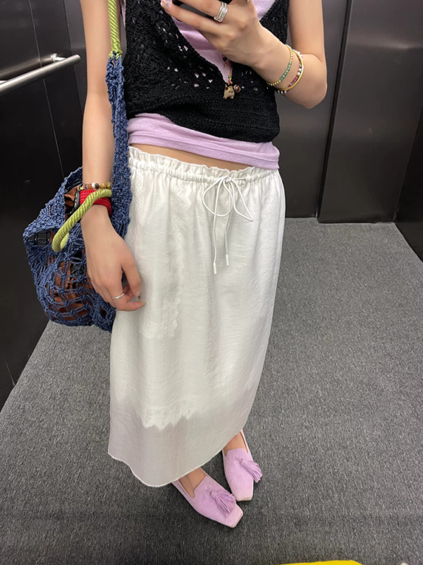 天絲朦朧感蕾絲拼接氣質顯瘦直筒裙