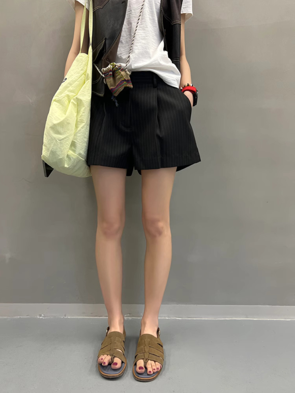 條紋西裝短褲女夏季新款氣質低腰寬鬆闊腿休閒褲