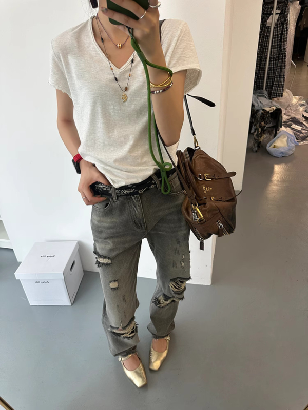 氣質寬鬆顯瘦短款v領正肩上衣灰色體卹