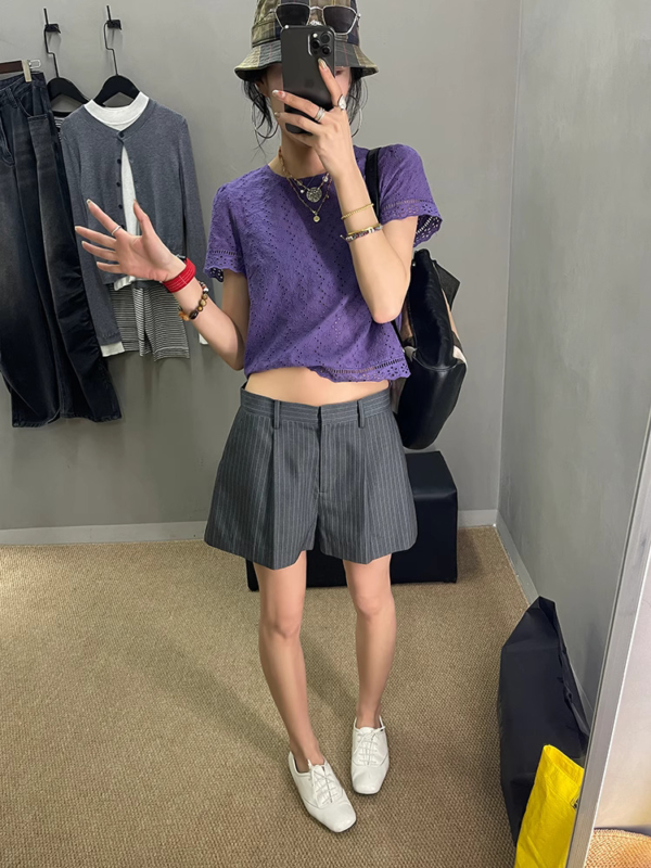 條紋西裝短褲女夏季新款氣質低腰寬鬆闊腿休閒褲