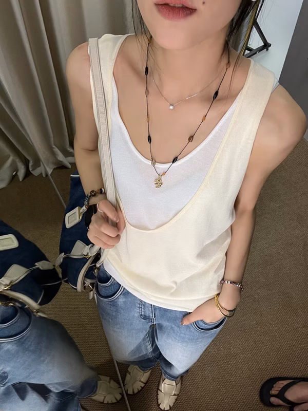 假兩件吊帶背心女夏季新款外穿撞色寬鬆無袖上衣