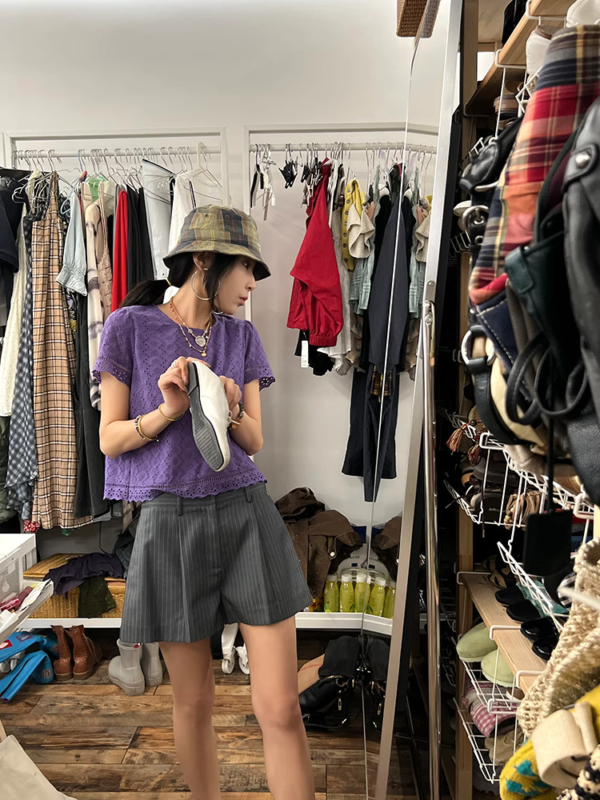 條紋西裝短褲女夏季新款氣質低腰寬鬆闊腿休閒褲