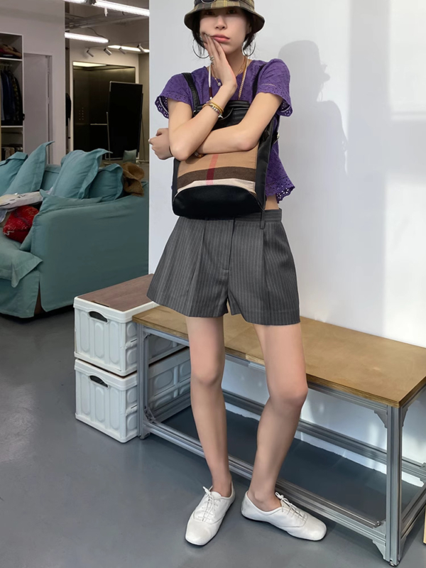 條紋西裝短褲女夏季新款氣質低腰寬鬆闊腿休閒褲