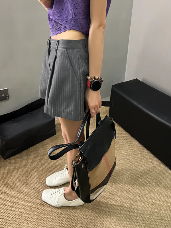 條紋西裝短褲女夏季新款氣質低腰寬鬆闊腿休閒褲