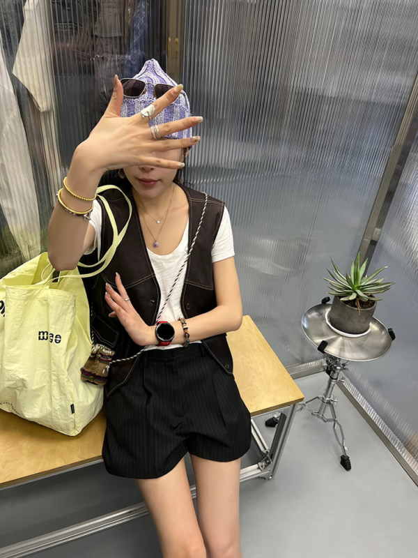 條紋西裝短褲女夏季新款氣質低腰寬鬆闊腿休閒褲