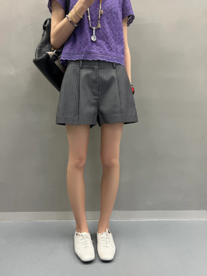 條紋西裝短褲女夏季新款氣質低腰寬鬆闊腿休閒褲