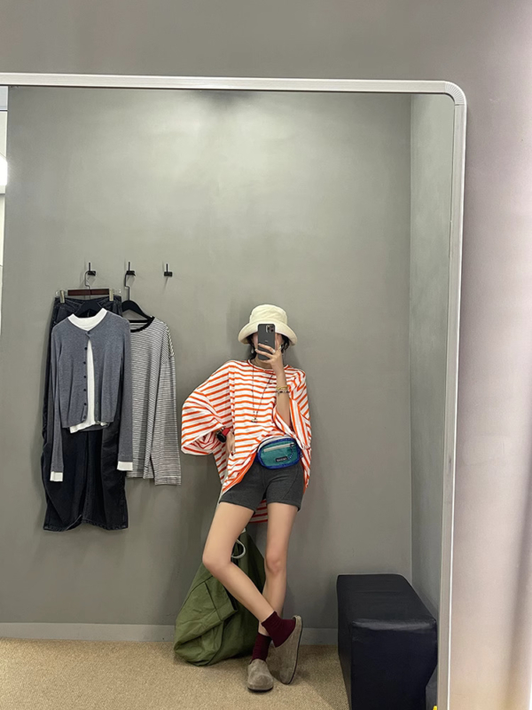 條紋半袖體卹大尺寸顯瘦遮肚子圓領寬鬆上衣
