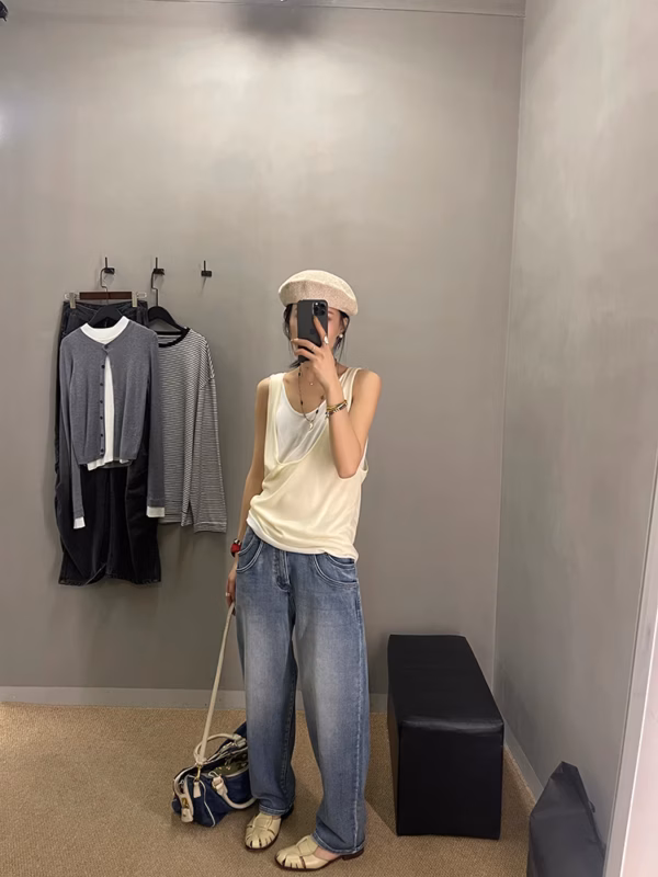 假兩件吊帶背心女夏季新款外穿撞色寬鬆無袖上衣