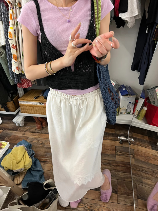 天絲朦朧感蕾絲拼接氣質顯瘦直筒裙