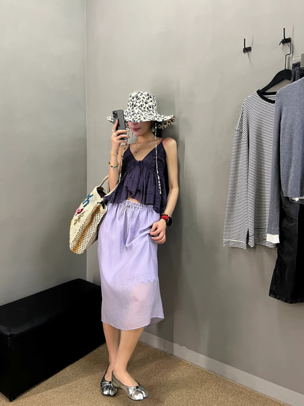 天絲朦朧感蕾絲拼接氣質顯瘦直筒裙