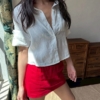 100%亞麻口袋短袖短版手工捲袖襯衫