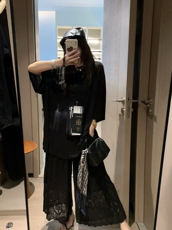 亞麻蕾絲八分褲套裝