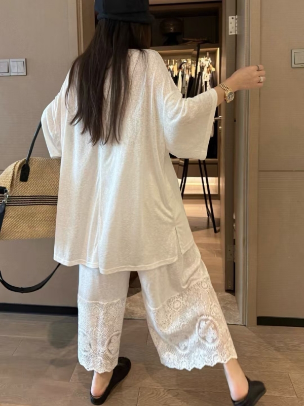 亞麻蕾絲八分褲套裝
