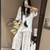 亞麻蕾絲八分褲套裝