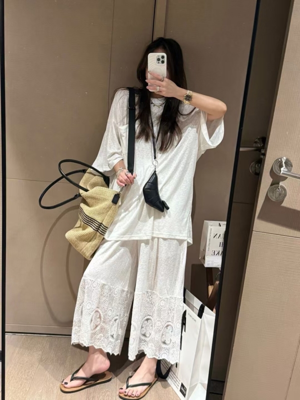 亞麻蕾絲八分褲套裝