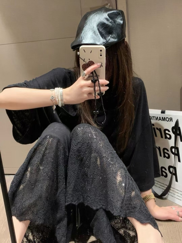 亞麻蕾絲八分褲套裝