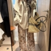 鬆緊腰落葉印花長褲