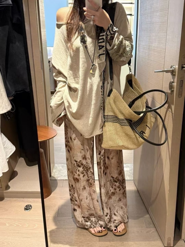 鬆緊腰落葉印花長褲