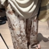 鬆緊腰落葉印花長褲