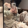 鬆緊腰落葉印花長褲