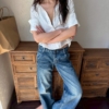 100%亞麻口袋短袖短版手工捲袖襯衫