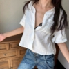 100%亞麻口袋短袖短版手工捲袖襯衫
