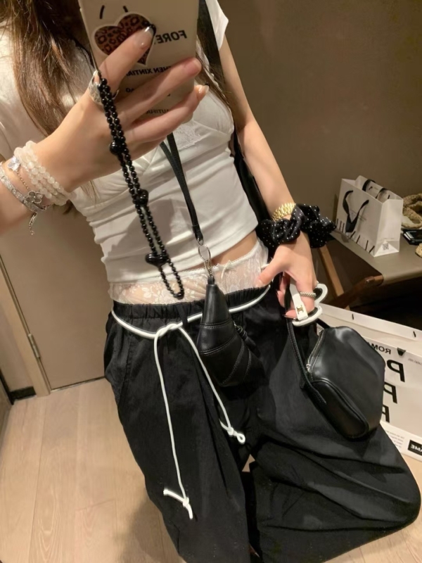蕾絲假兩件式棉工裝褲