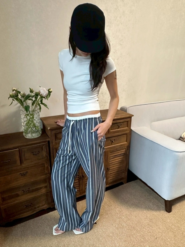 休閒運動條紋寬鬆直筒褲遛彎褲