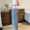 休閒運動條紋寬鬆直筒褲遛彎褲