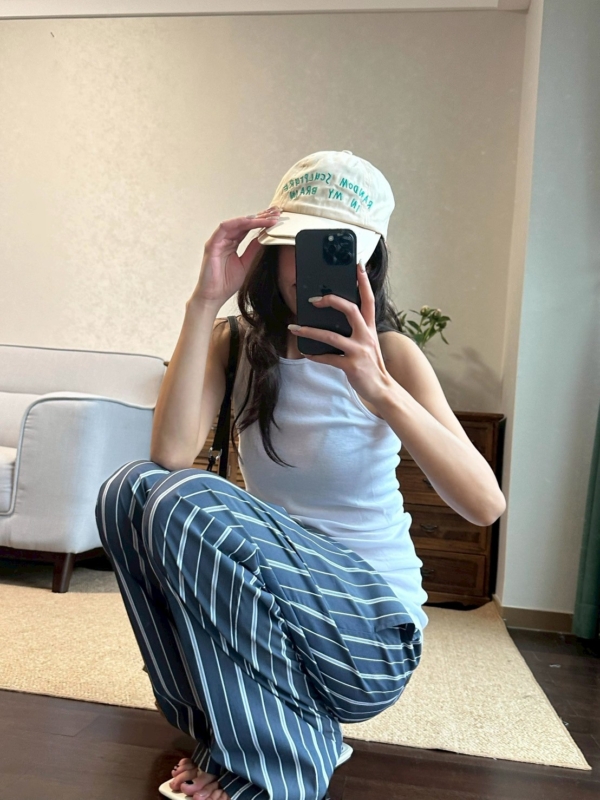休閒運動條紋寬鬆直筒褲遛彎褲