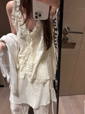 無袖波點花邊吊帶上衣