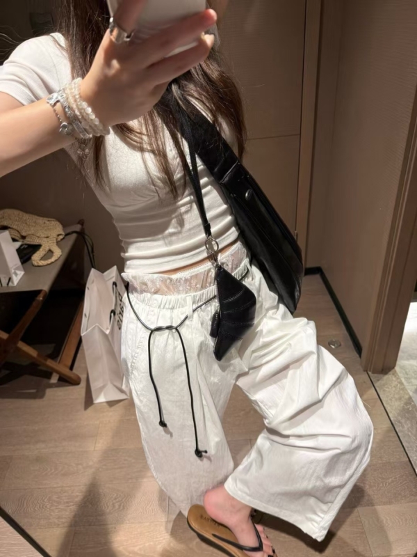 蕾絲假兩件式棉工裝褲